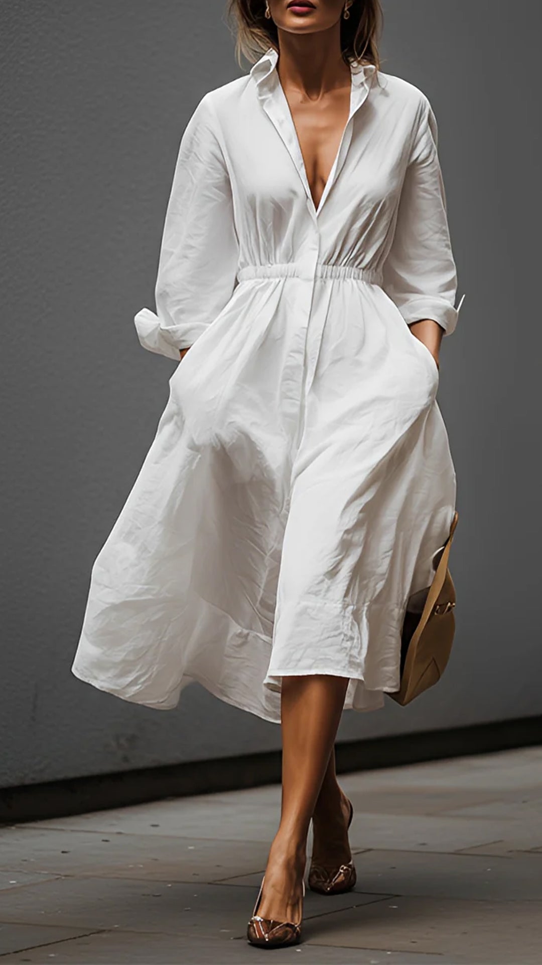White Shirt-Collar Dress with Elastic Waist
