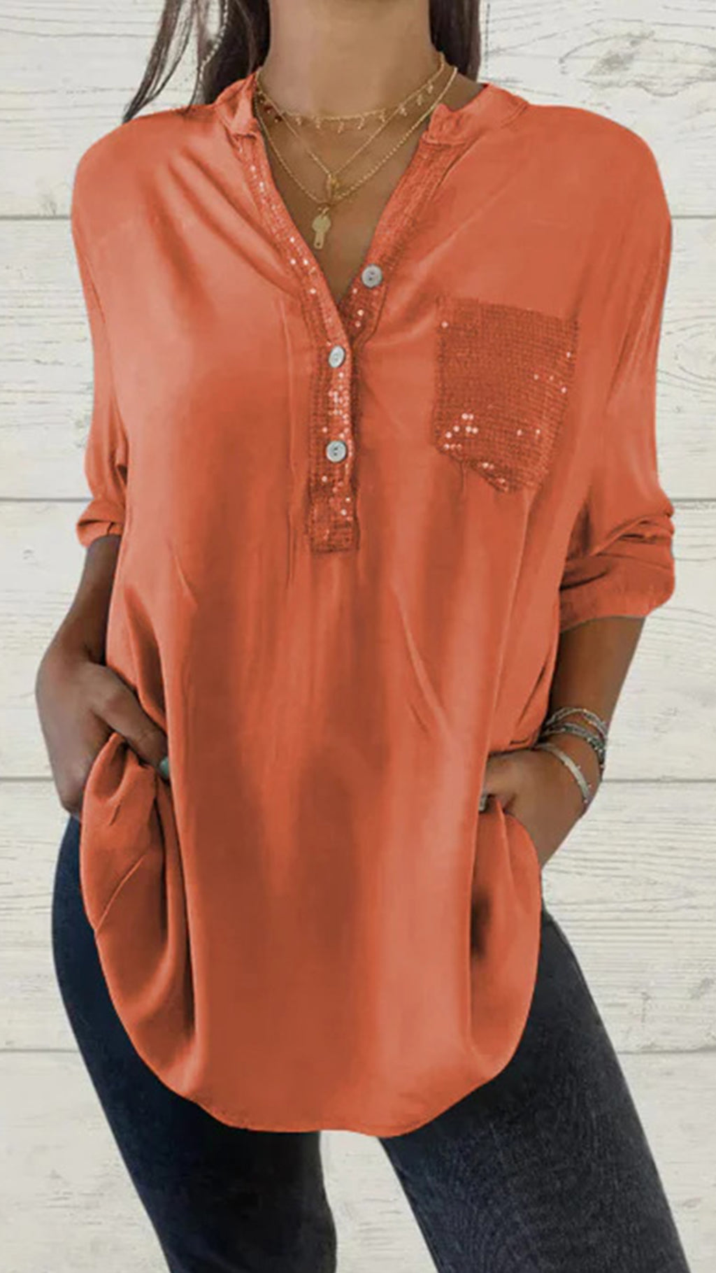 Solid color V-neck pocket women’s top shirt in multiple colors