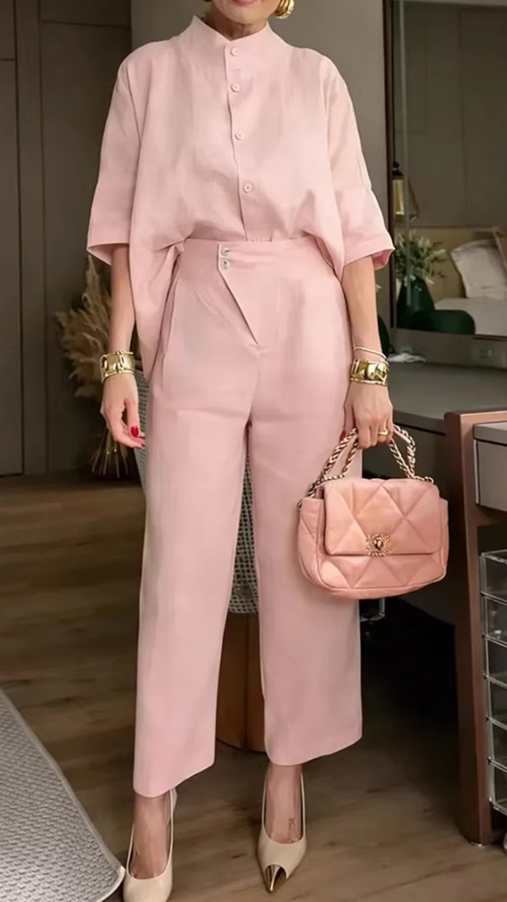 Women’s Stand Collar Batwing Sleeve Linen Shirt + Wide-Leg Pants Set