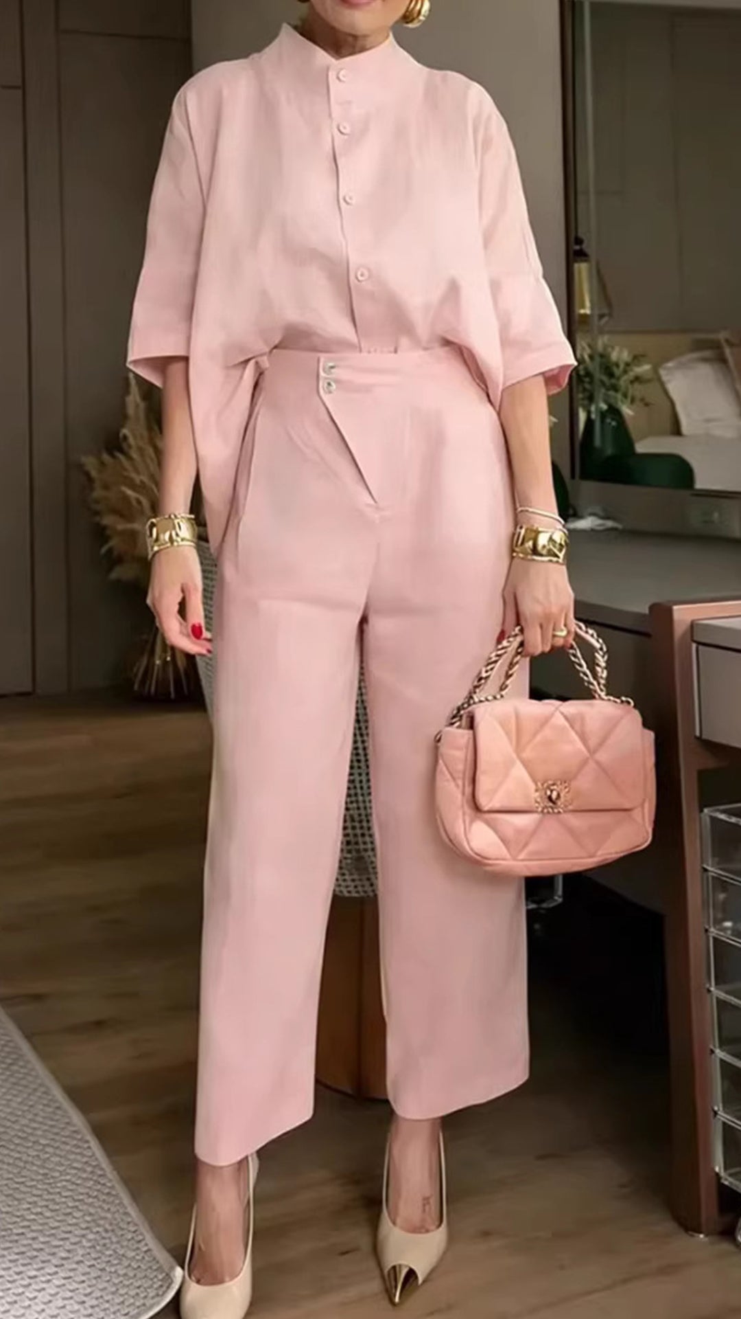 Women’s Stand Collar Batwing Sleeve Linen Shirt + Wide-Leg Pants Set
