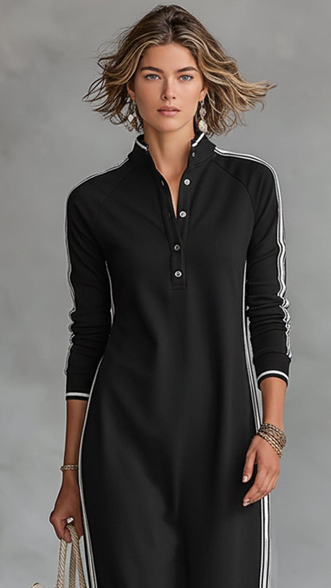 Women’s Black and White Striped Sporty Stand-Collar Maxi Dress