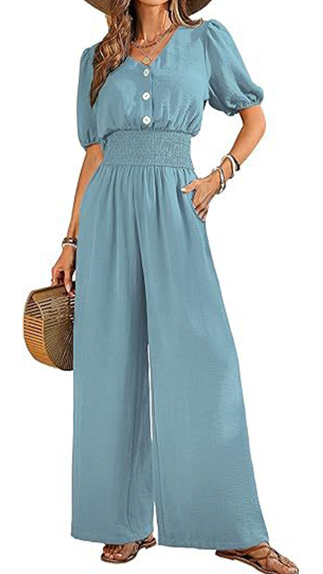 Women’s V-Neck Jumpsuit with Puff Sleeves, Cinched Waist, and Wide Legs
