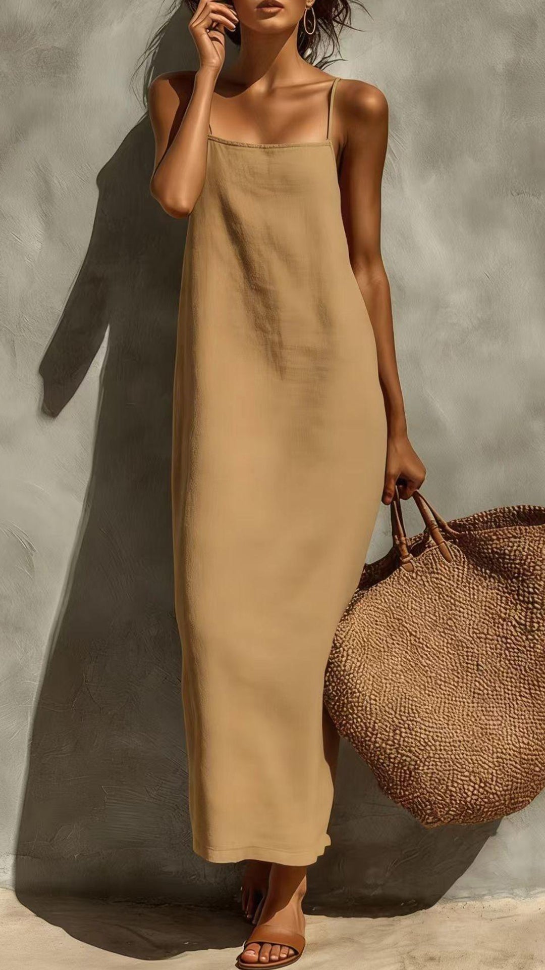 Women’s Square-Neck Straight-Cut Maxi Dress with Thin Straps