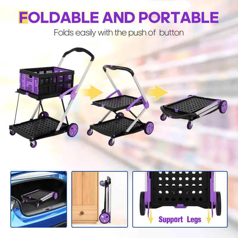 Multi use Functional Collapsible Carts,Mobile Folding Trolley,with Wheels & Removable Basket Carries,2 baskets included,Adjustable Foldable rolling trolley for home,grocery,supermarket. Lightweight,Purple Trolley Storage Crate Portable Convenience cart