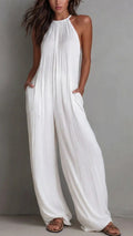 Women Minimalist Halter-neck Loose Cotton-linen Jumpsuit