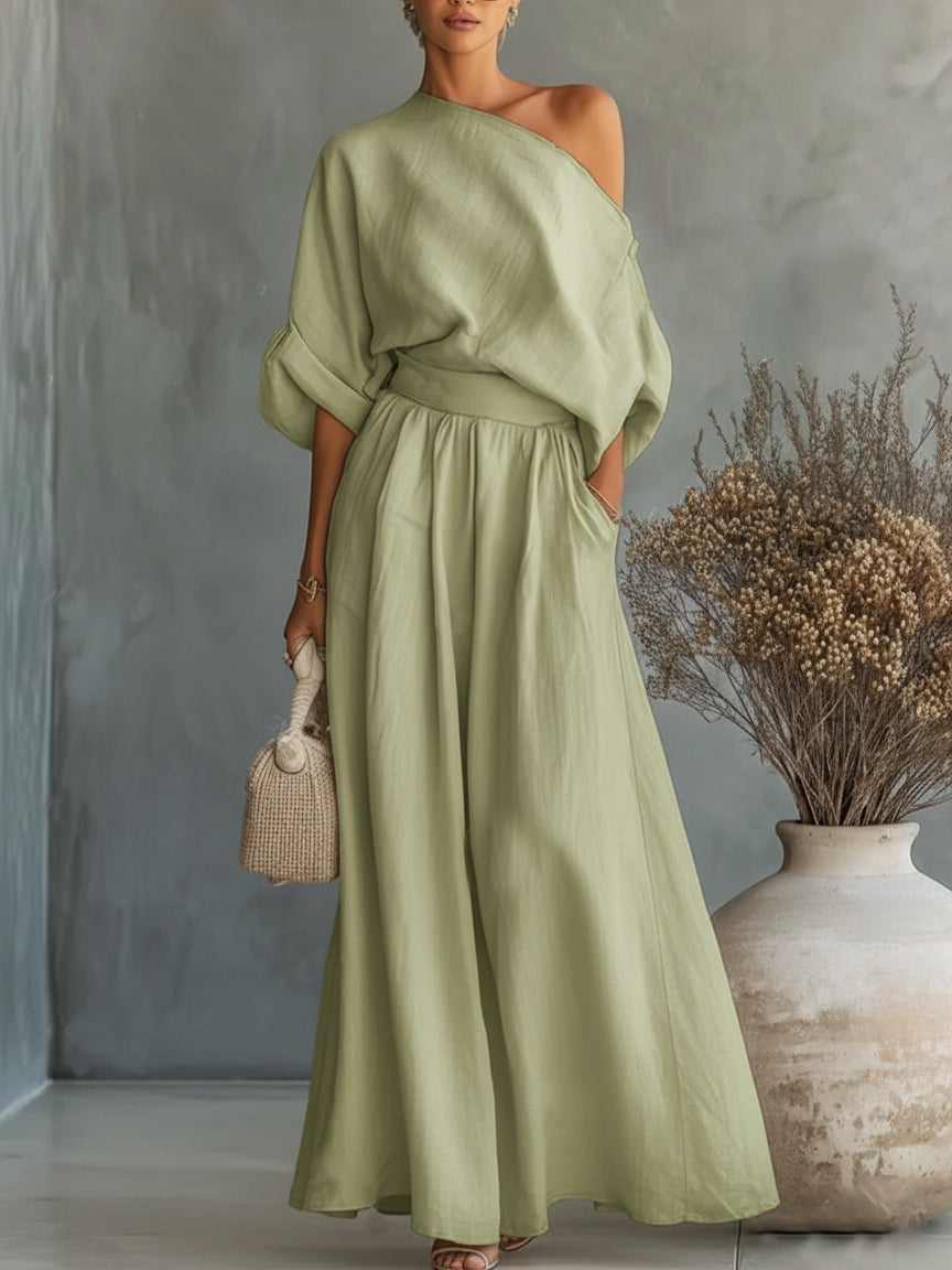 Women’s Elegant Off-Shoulder Shirt and Wide-Leg Pants Two-Piece Set