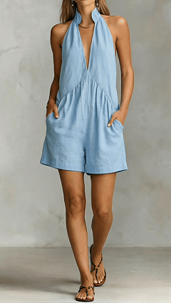 Women’s Cotton Linen Halter Jumpsuit Shorts