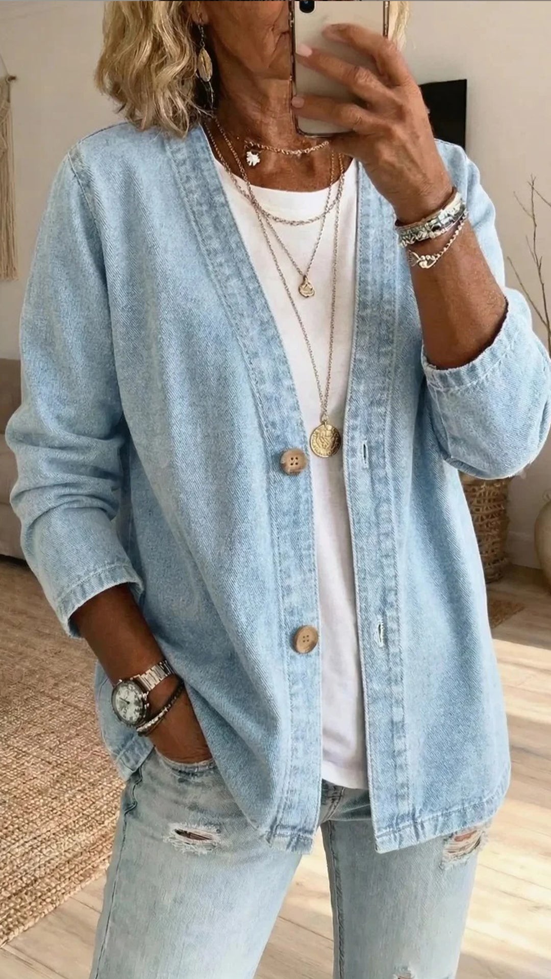 Women’s Polyester Denim-Like V-Neck Cardigan