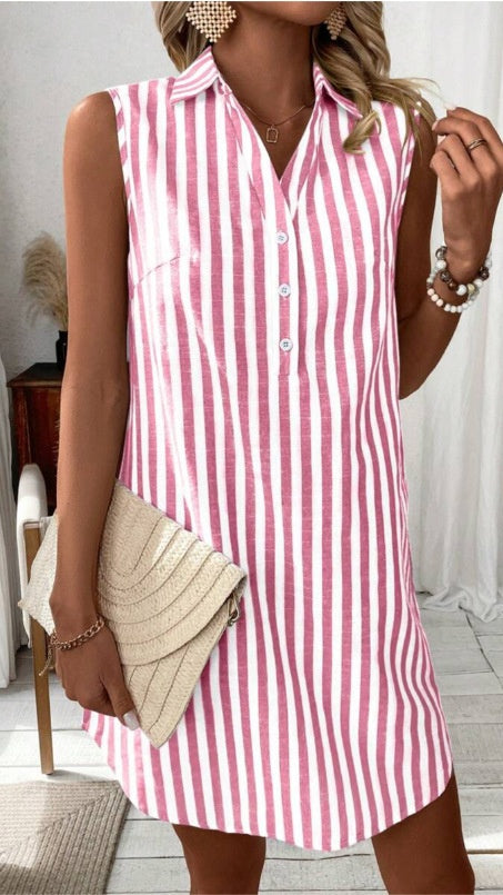 Women’s minimalist sleeveless V-neck button-down striped shirt dress