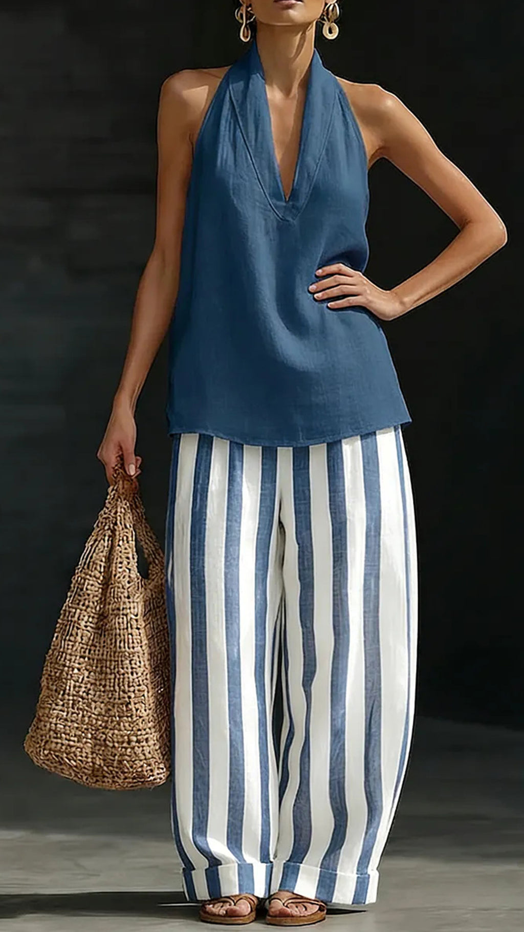 Women’s Cotton Linen Halter Stripe Wide-Leg Set
