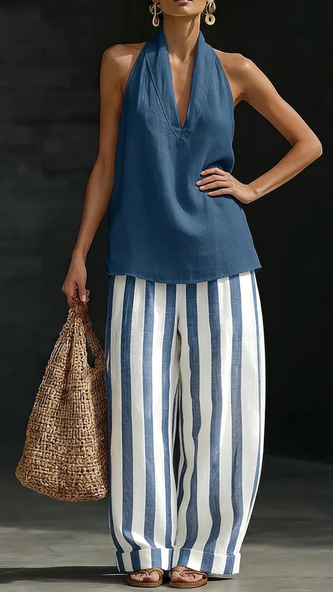 Women’s Cotton Linen Halter Stripe Wide-Leg Set
