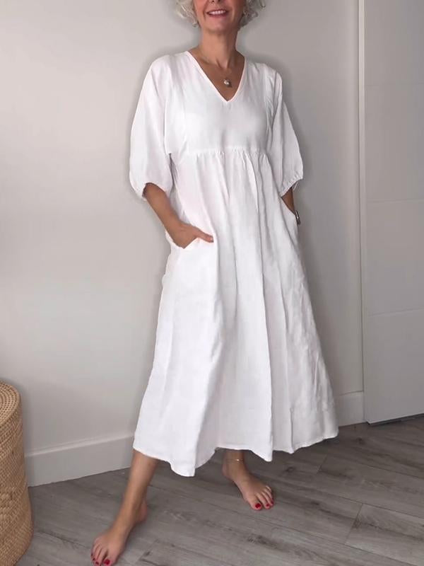 🔥Clearance Sale🔥 Women’s Casual Fashion V-Neck Solid Color Mid-Length Sleeve Dress