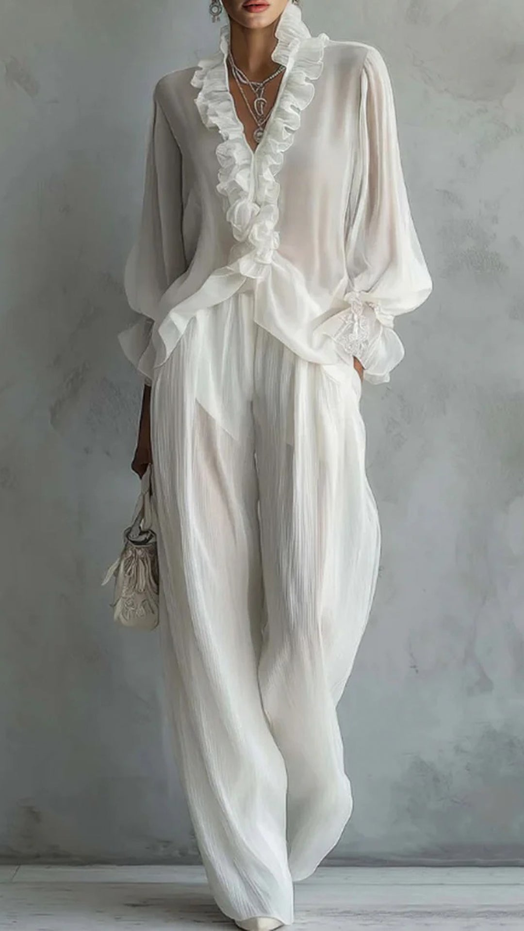 Women’s Polyester Spandex Blend Ruffle Wide-Leg Set
