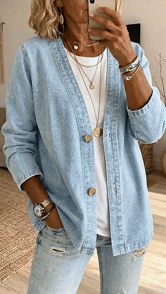 Women’s Polyester Denim-Like V-Neck Cardigan
