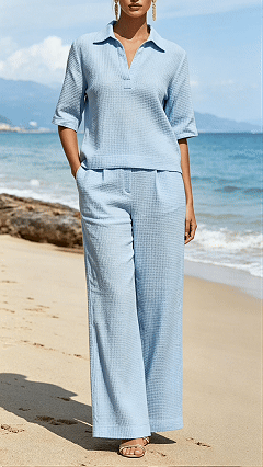 Women’s Waffle Knit Polo Collar Wide-Leg Set