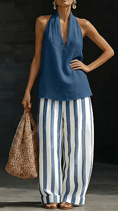 Women’s Cotton Linen Halter Stripe Wide-Leg Set