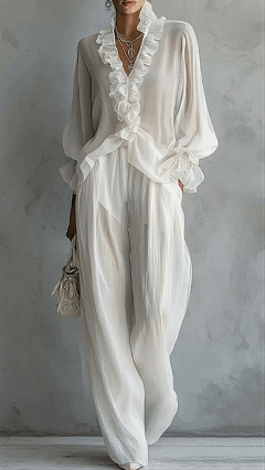 Women’s Polyester Spandex Blend Ruffle Wide-Leg Set