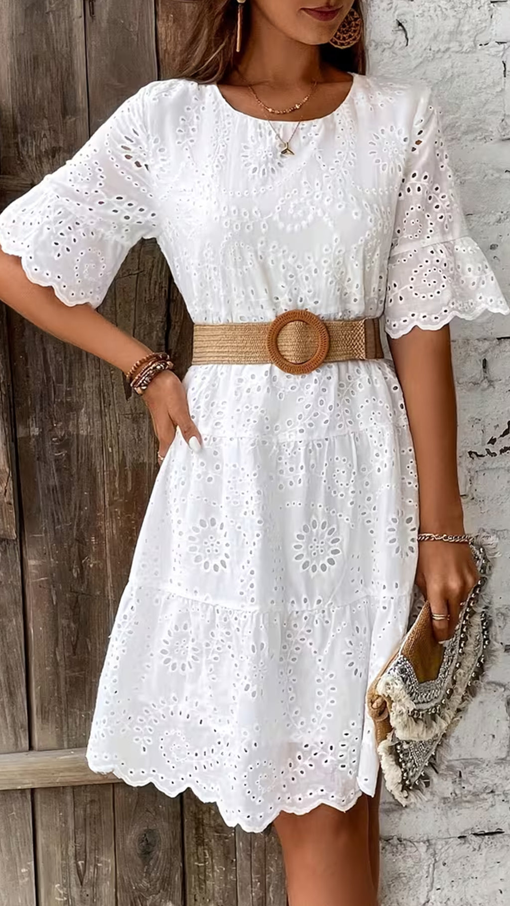 Women’s Embroidered Eyelet Loose Tiered Dress(No belt)