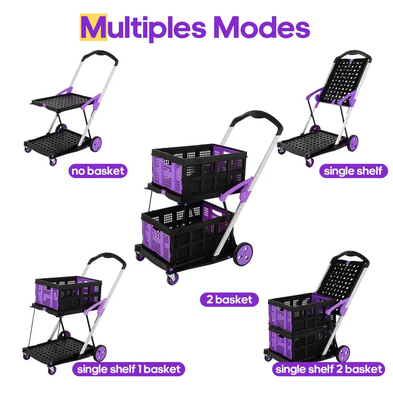 Multi use Functional Collapsible Carts,Mobile Folding Trolley,with Wheels & Removable Basket Carries,2 baskets included,Adjustable Foldable rolling trolley for home,grocery,supermarket. Lightweight,Purple Trolley Storage Crate Portable Convenience cart