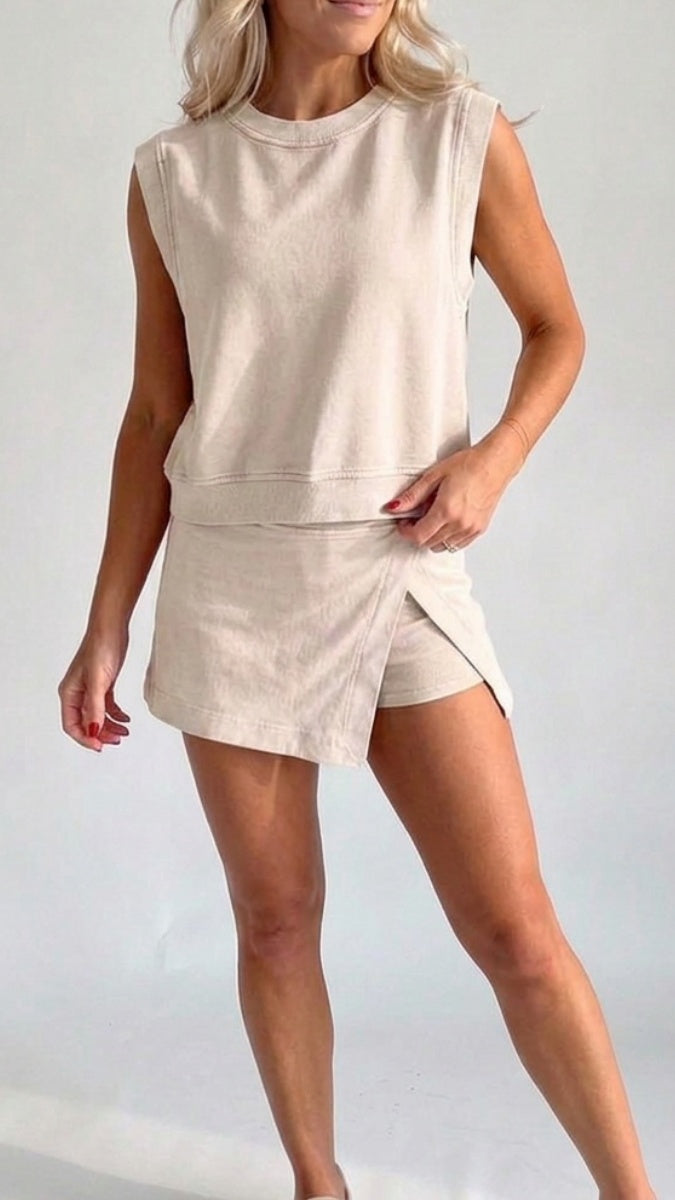 Women’s Distressed-Look Pure Cotton T-Shirt & Shorts Two-Piece Set