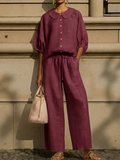 Plus Size Friendly New Arrivals🔥Stylish Peter Pan Collar Shirt And Wide-leg Pant Linen Two-piece Set
