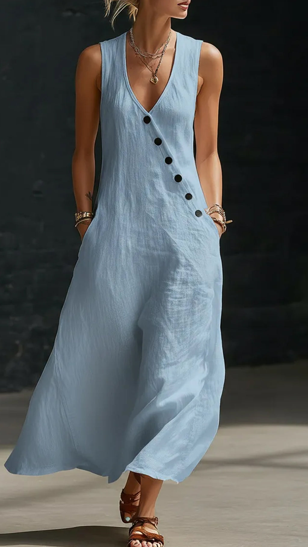 “Effortless Chic” Style V-Neck Button-Front Cotton-Linen Maxi Dress — Sleeveless Tank Dress