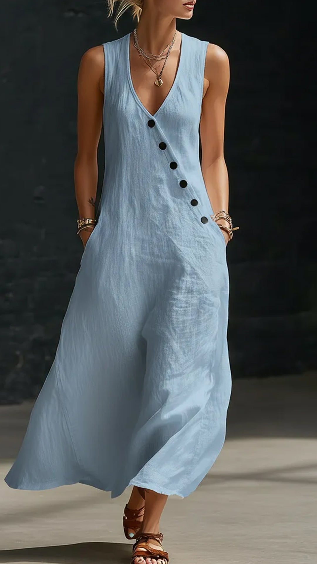 “Effortless Chic” Style V-Neck Button-Front Cotton-Linen Maxi Dress — Sleeveless Tank Dress