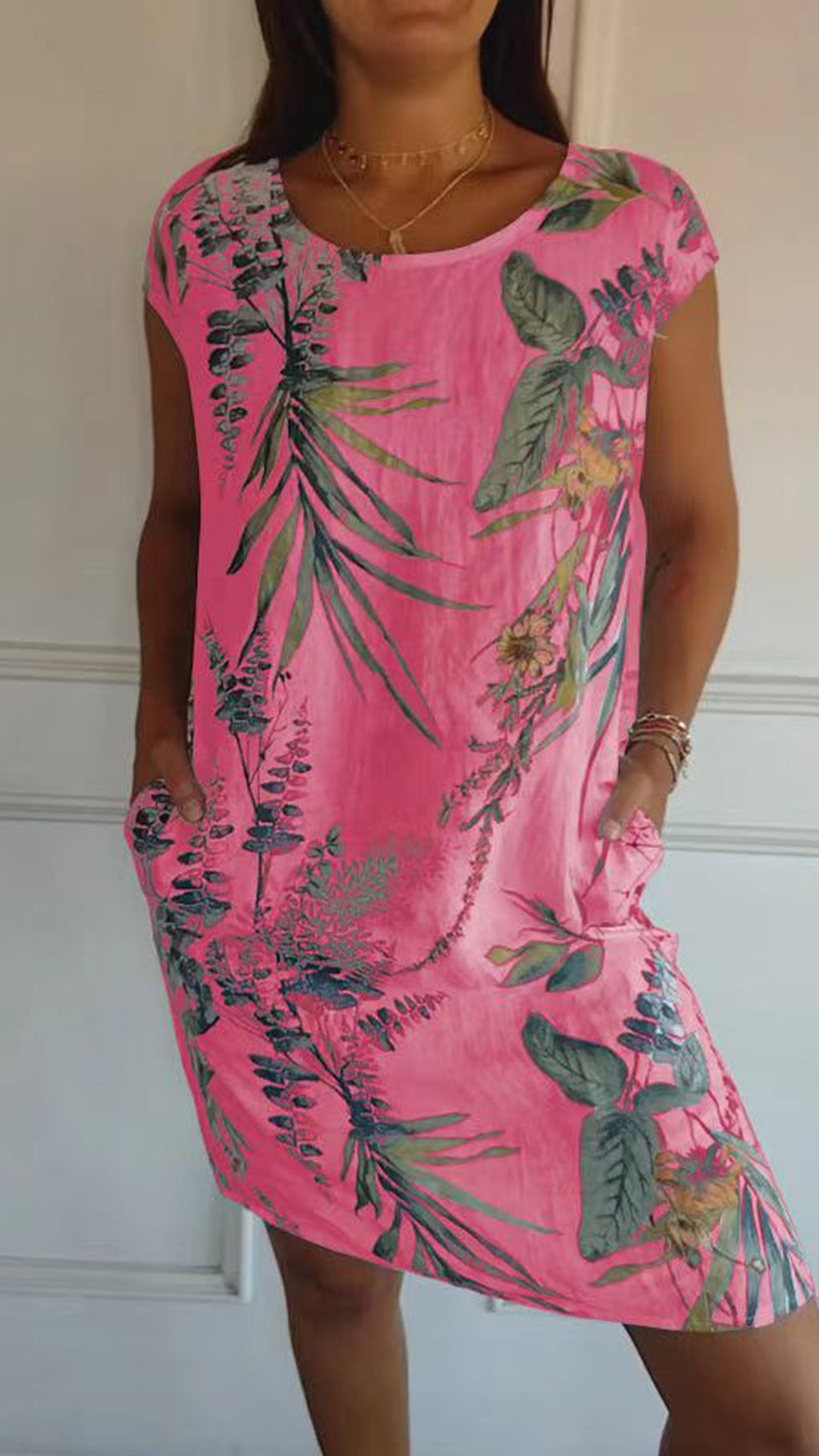 Women’s Botanical Print Crew Neck Loose Short Sleeve Dress