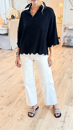 Women’s  Scalloped Edge V-Neck Loose Lapel 3/4 Sleeve Blouse