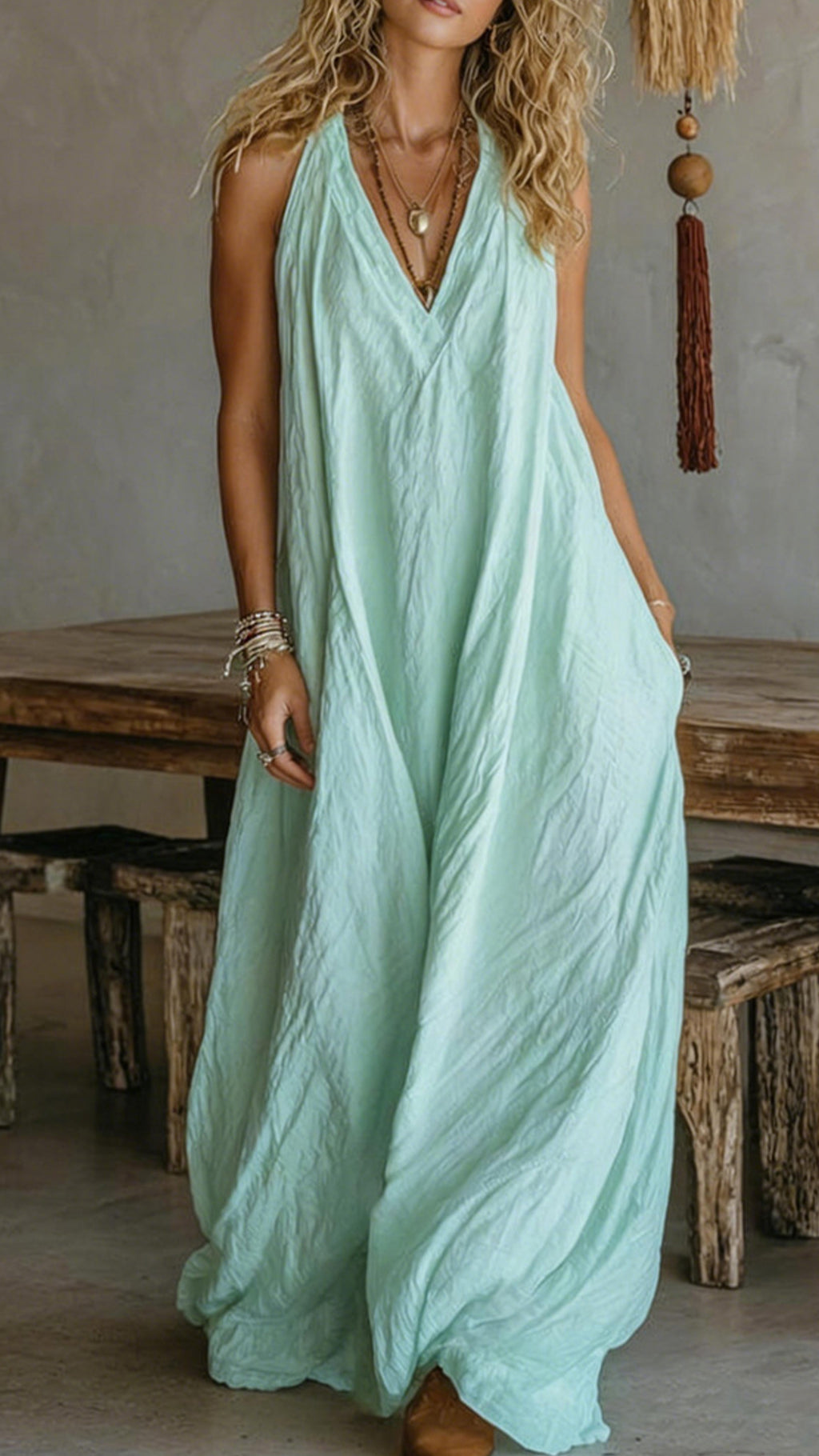 Women’s Halter V-Neck Linen-Blend Maxi Dress