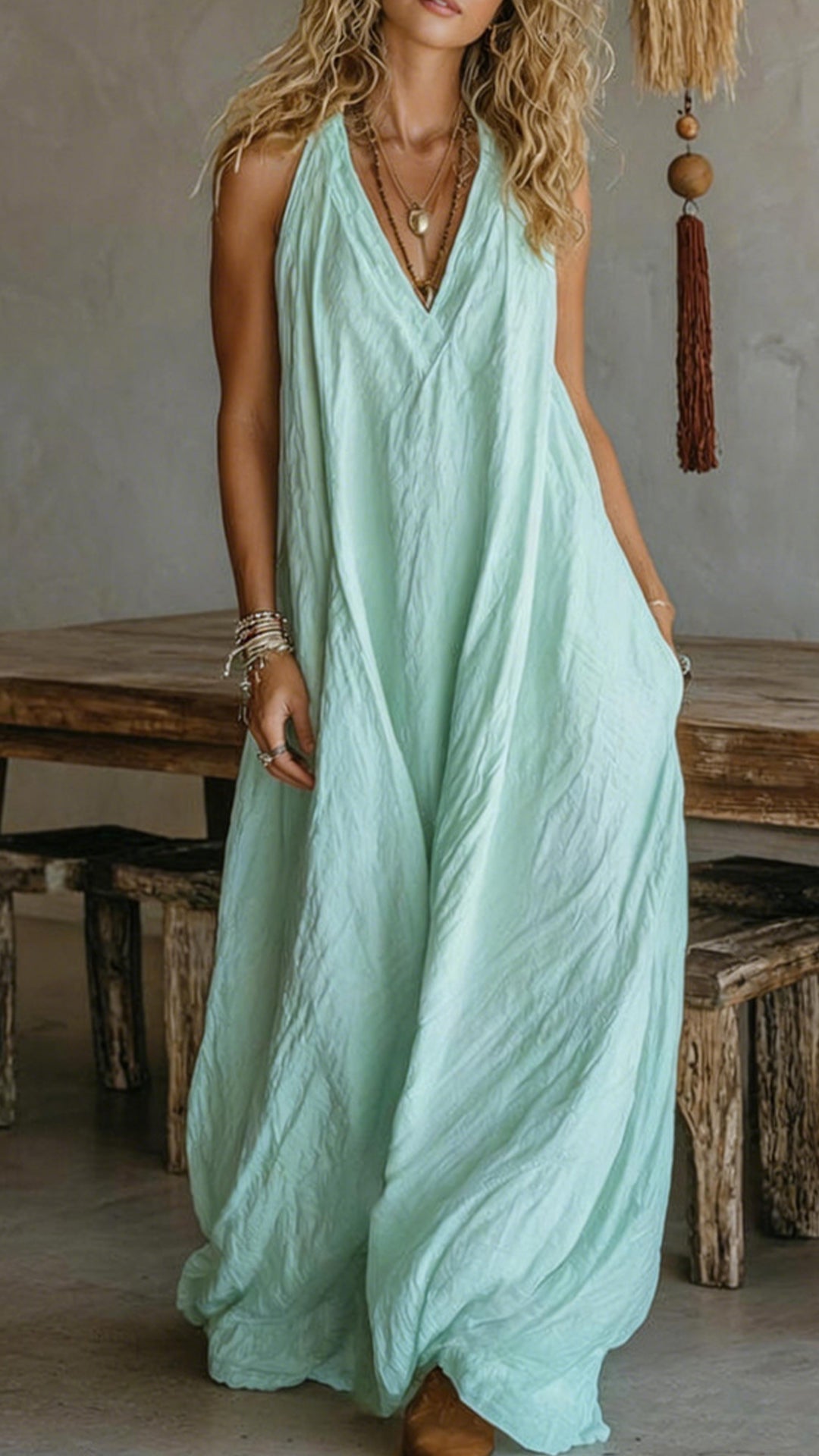 Women’s Halter V-Neck Linen-Blend Maxi Dress