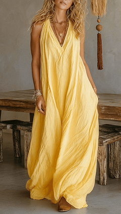 Women’s Halter V-Neck Linen-Blend Maxi Dress