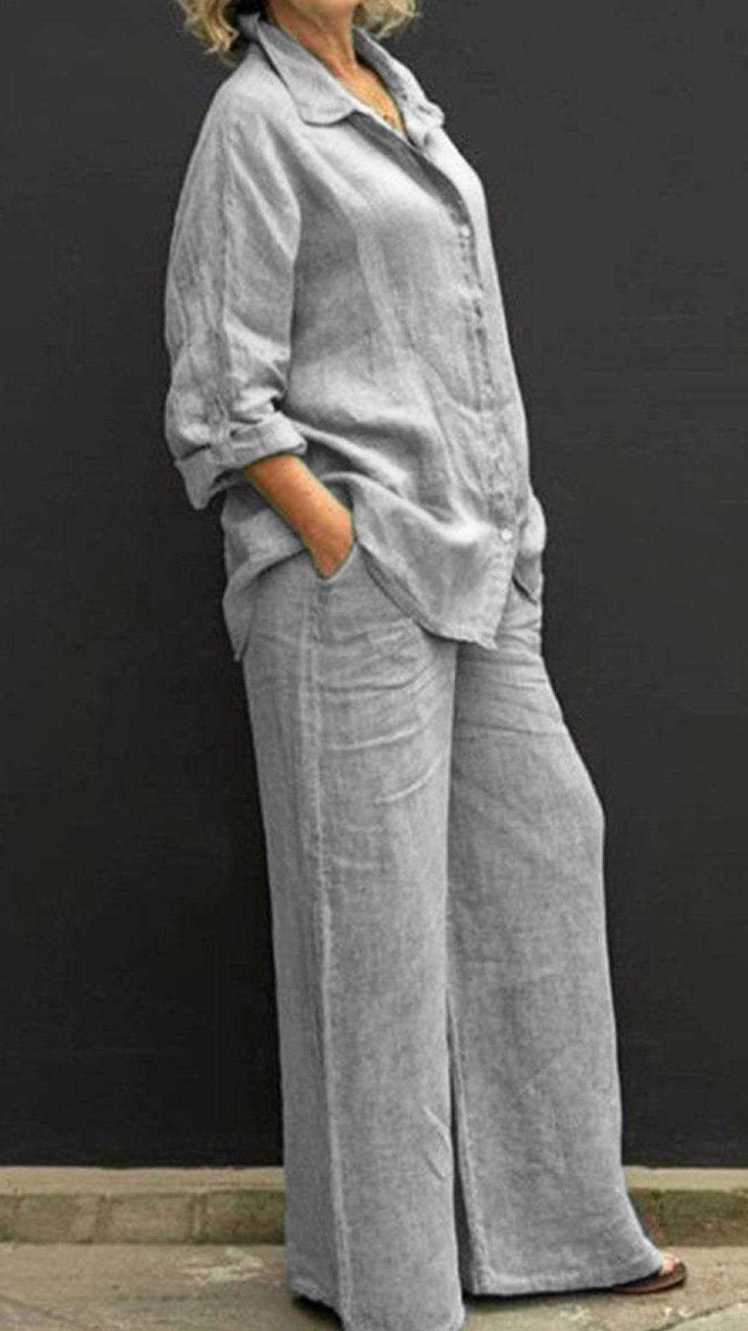 Women’s Linen Lapel Shirt & Wide-Leg Pants Two-Piece Set