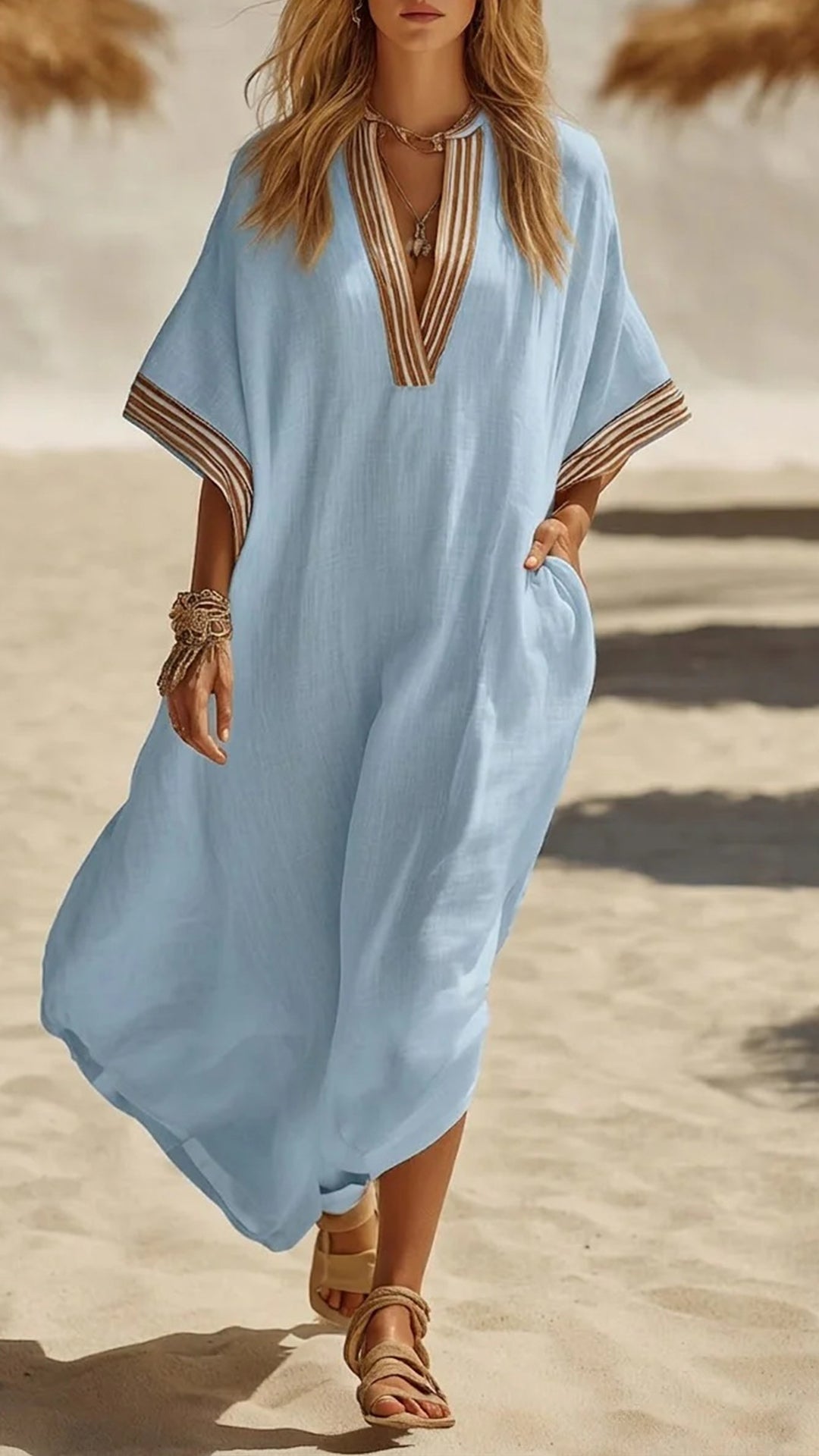 Women’s Striped Trim Cotton-Blend Kaftan Dress
