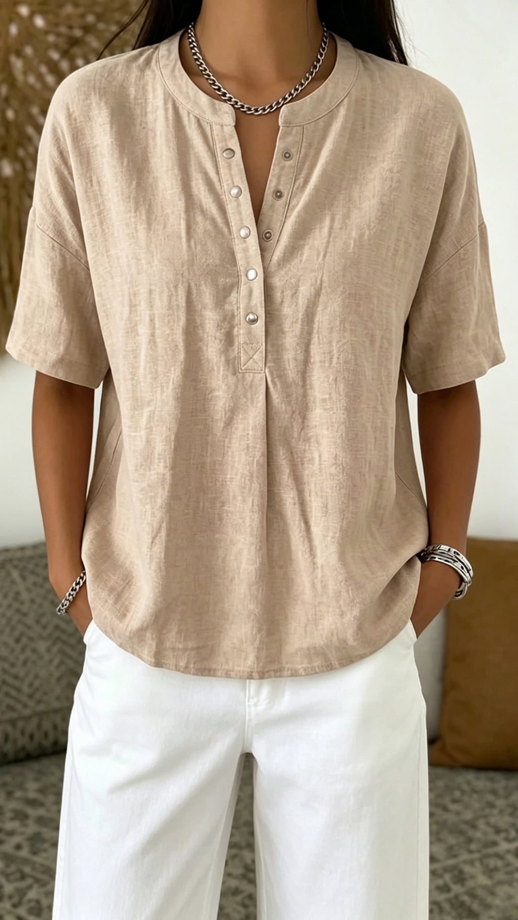 Women’s  Henley Neck Cotton-Blend Short-Sleeve Top