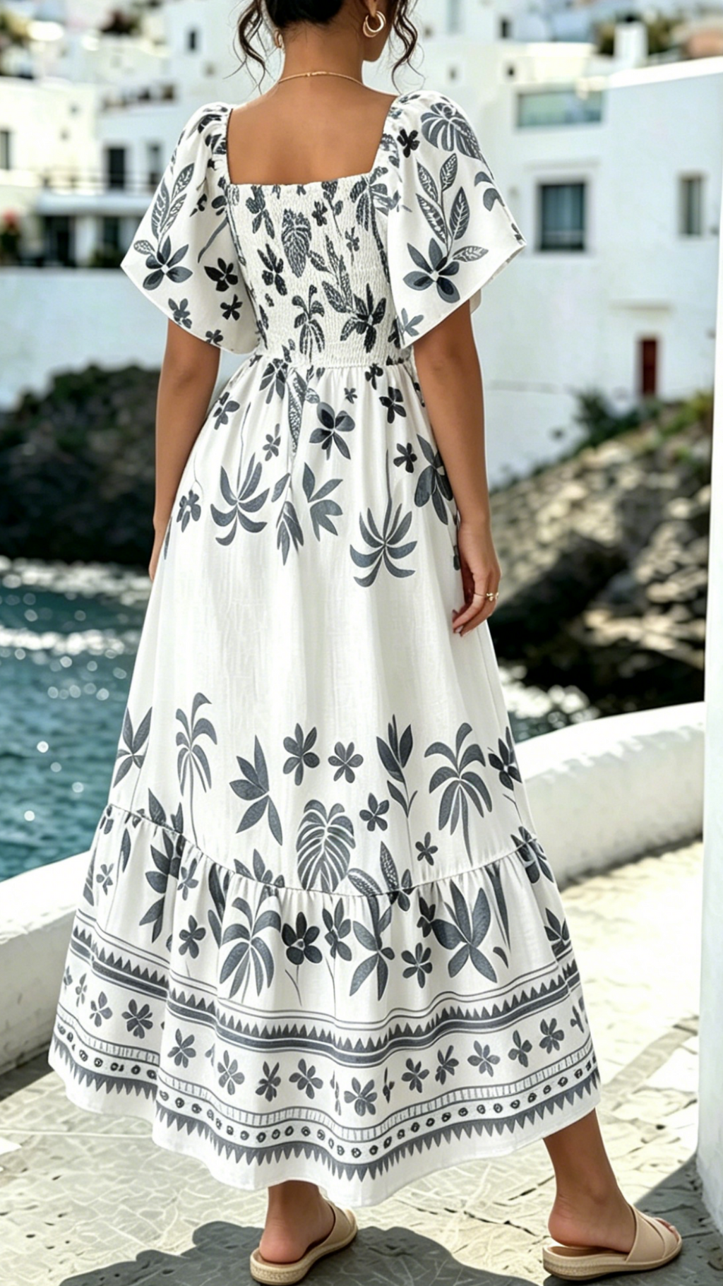 Women’s Printed Dress with Square Neckline and Flutter Sleeves