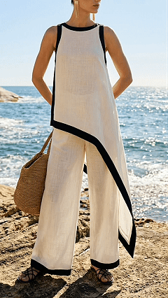 Women’s Contrast Trim Cotton-Blend Asymmetrical Wide-Leg Pants Set