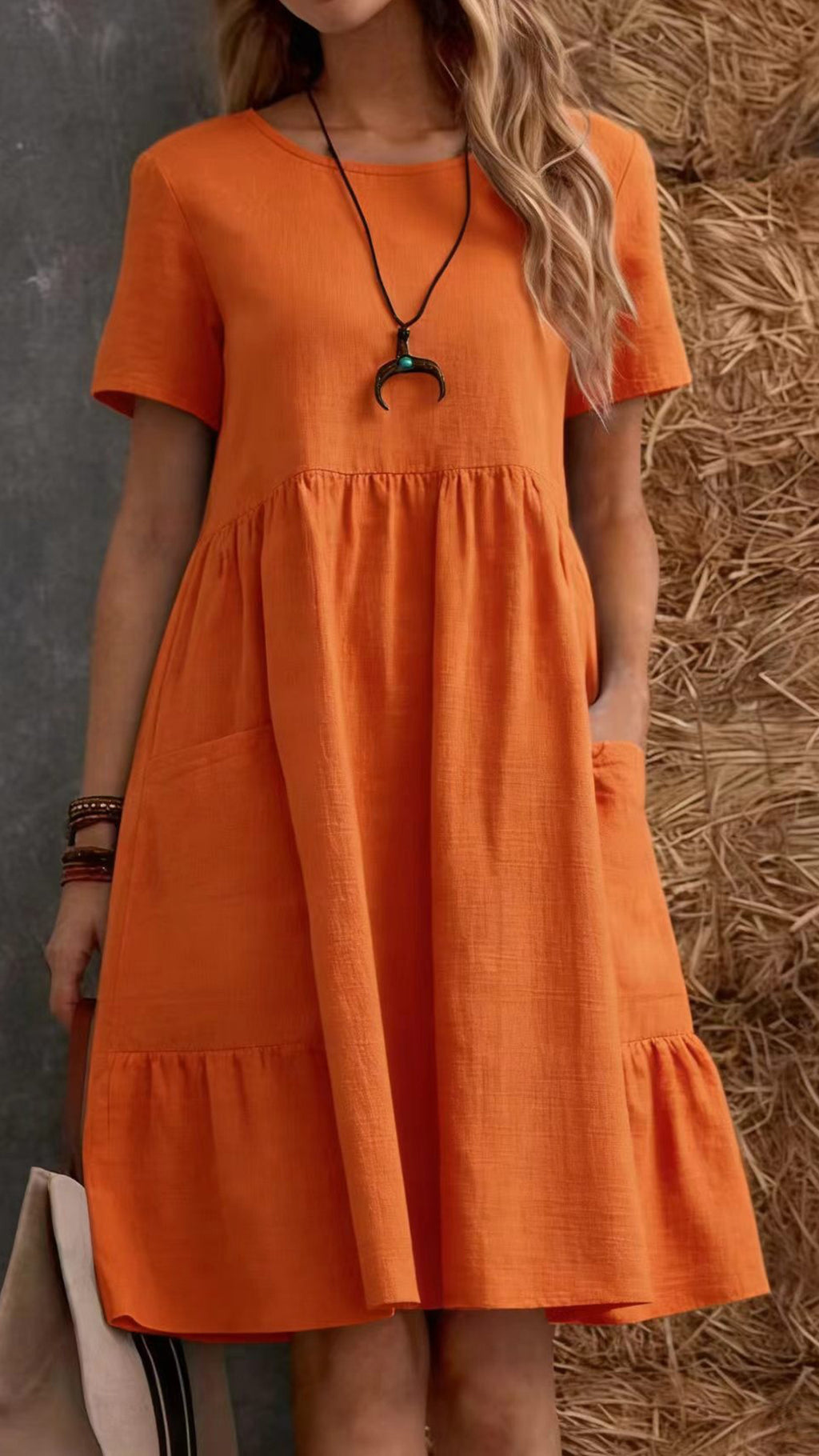 Women’s Cotton-Linen Round Neck Ruffle Hem Dress