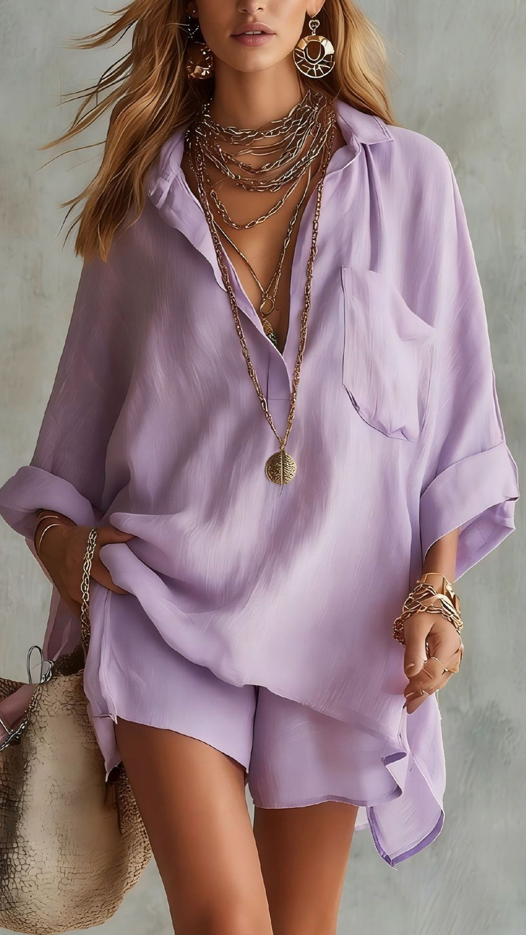 Women’s Cotton-Blend Loose Shirt & Shorts Set