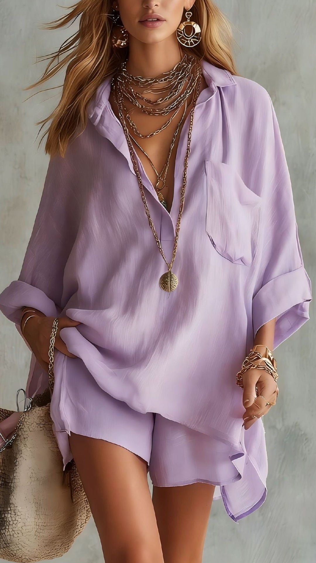 Women’s Cotton-Blend Loose Shirt & Shorts Set