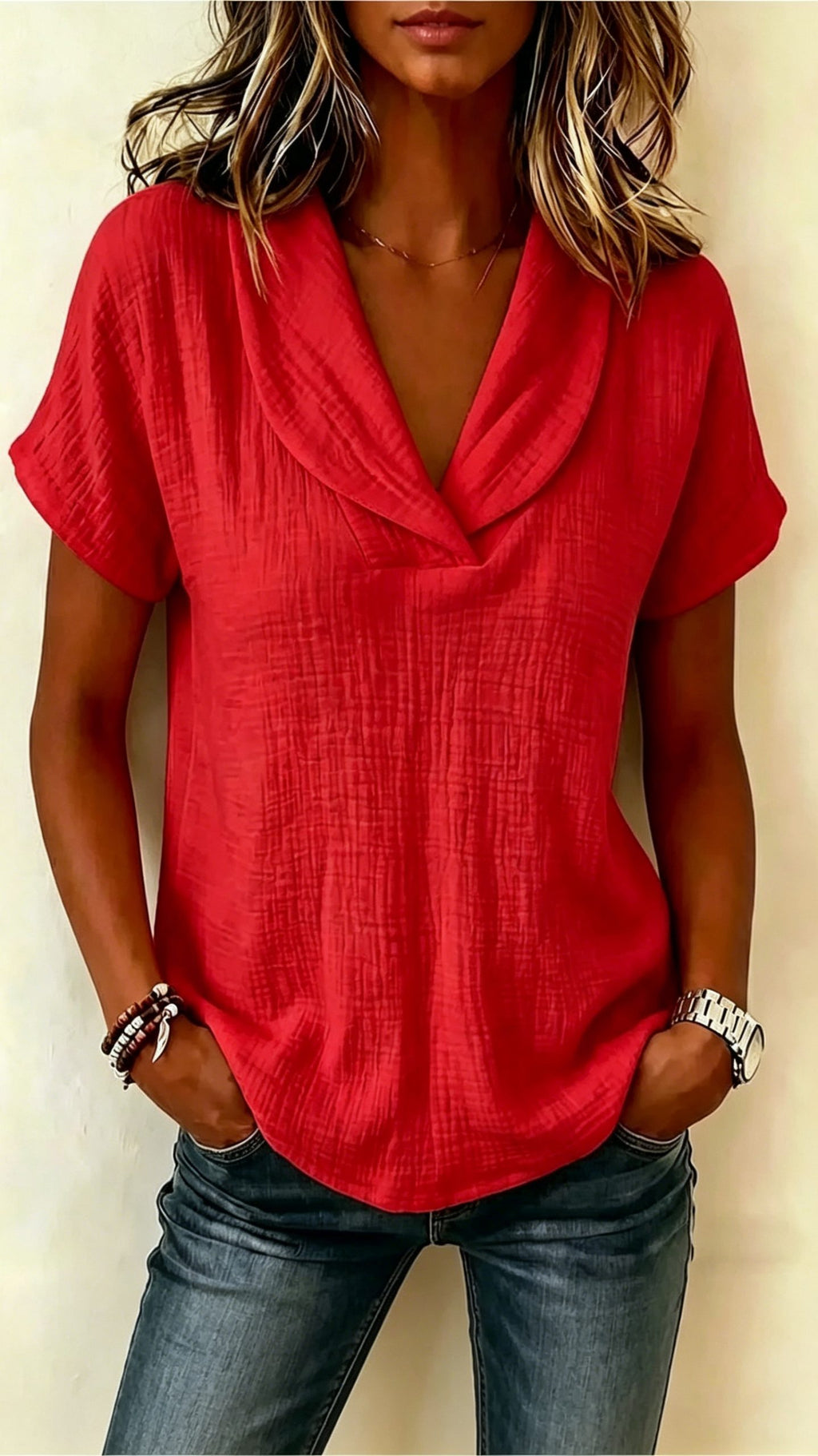 Women’s Short-Sleeve Crepe V-Neck Casual Fashion T-Shirt