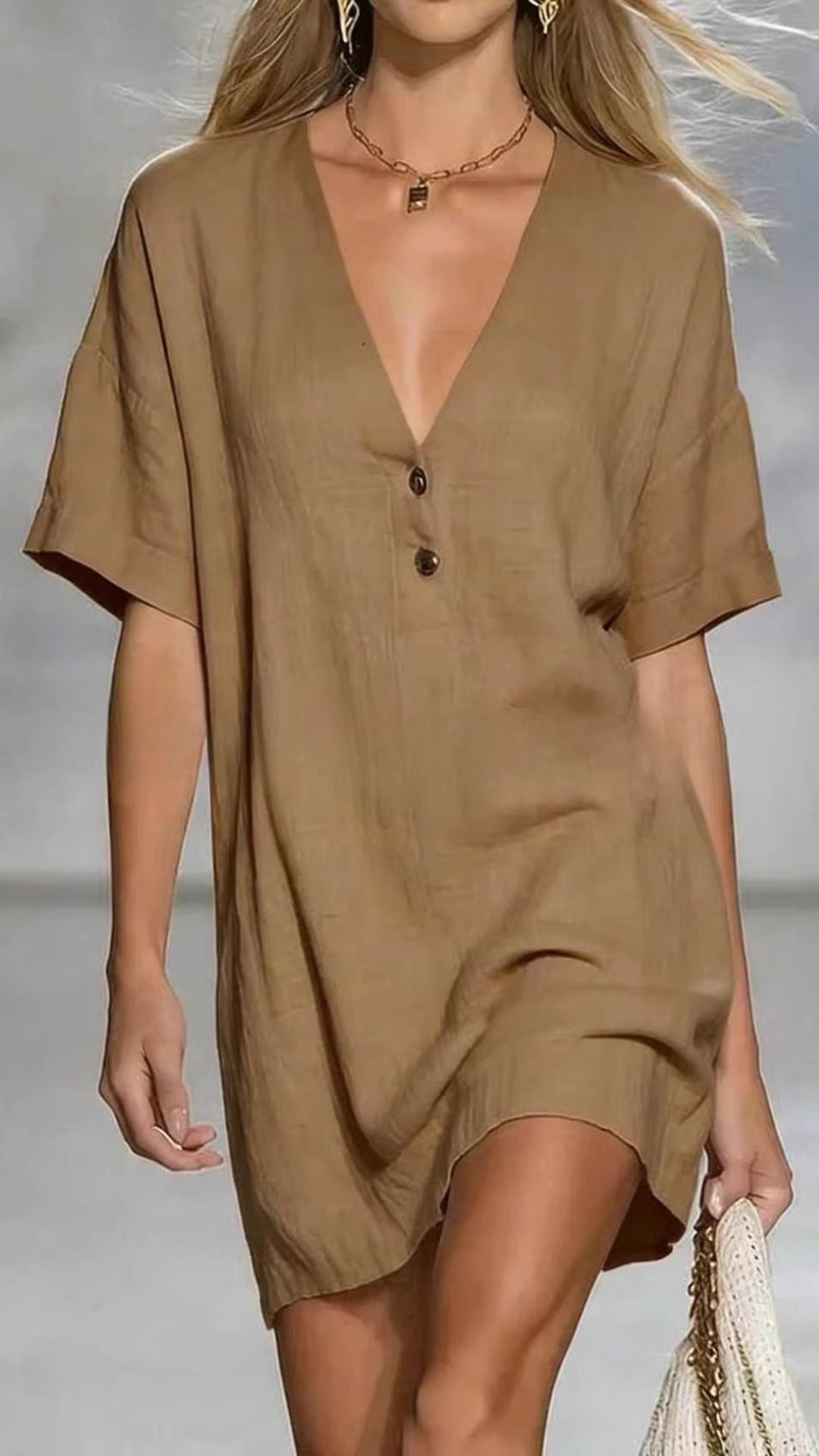 Women’s Linen-Cotton V-Neck Loose Shift Dress