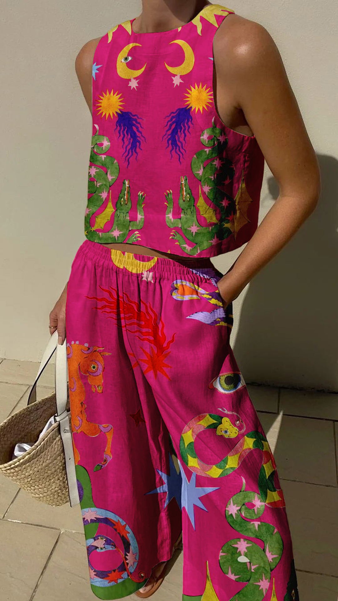 Women’s Linen-Cotton Blend Whimsical Print Tank Top & Wide-Leg Pants Set