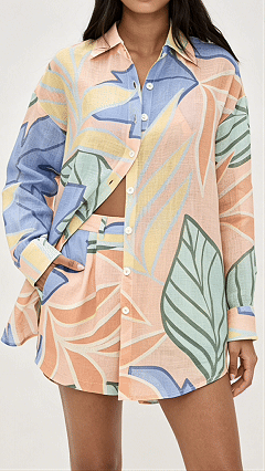 Women’s Cotton-Blend Tropical Print Shirt & Shorts Set