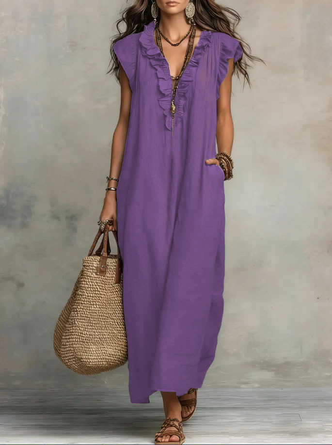 Women’s Solid Color Ruffled Art Casual Fashion Cozy Cotton Linen Dress