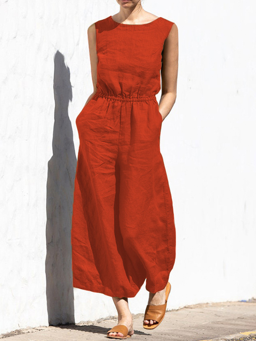Women’s Solid Color Loose Elegant Casual Sleeveless Jumpsuit