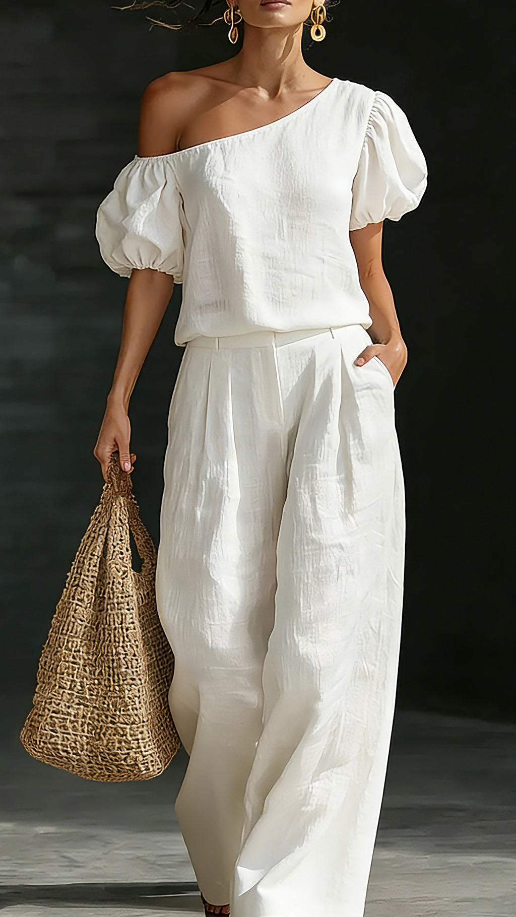 Women’s Casual & Comfortable Minimalist-Style Two-Piece Set: Off-Shoulder Linen Top with Puff Sleeves