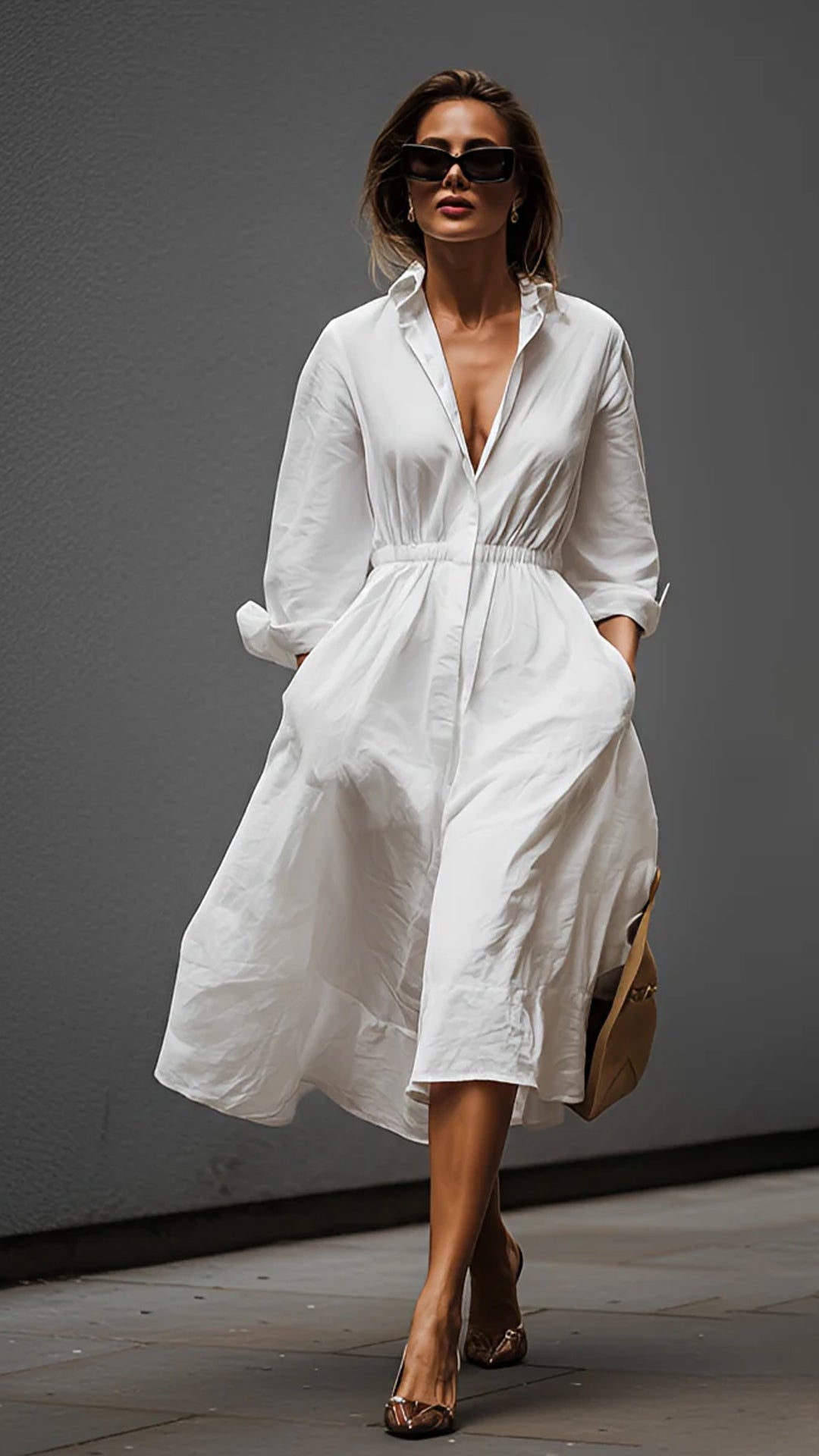 White Shirt-Collar Dress with Elastic Waist