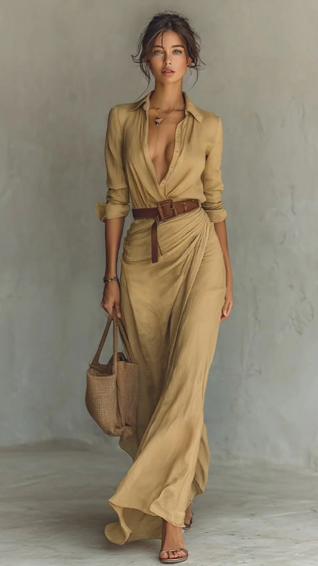 Women’s Long-Sleeve Lapel Button-Front Belted Maxi Dress