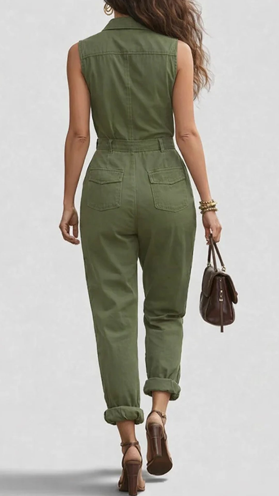 Fashionable And Casual Zippered Sleeveless Cotton Jumpsuit
